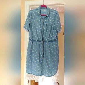 Blue Floral Denim Dress with Lace Trim